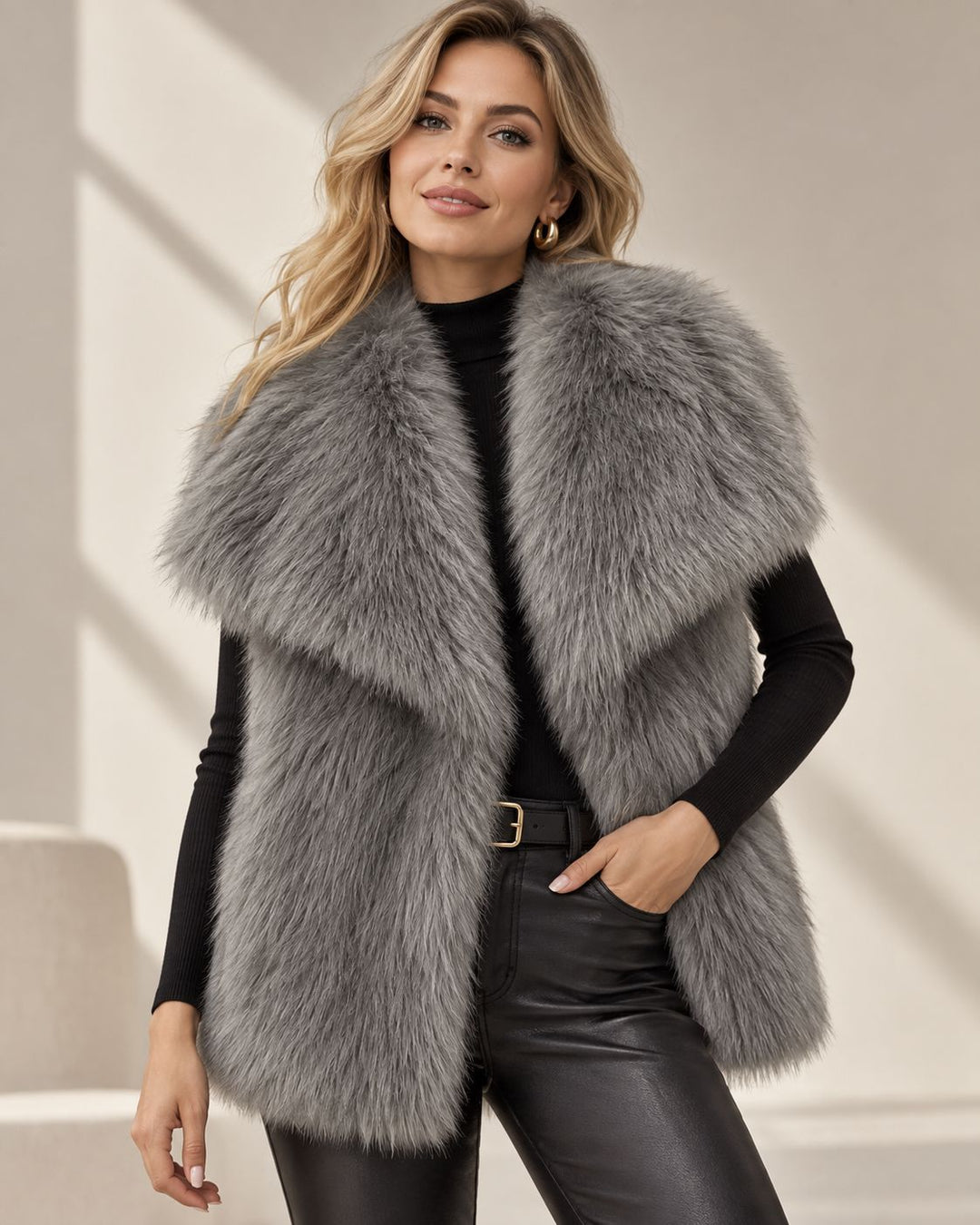 Damen Ärmellose Luxus‑Faux‑Fur‑Weste mit extraweichem Langflor und übergroßem Schalkragen Drune