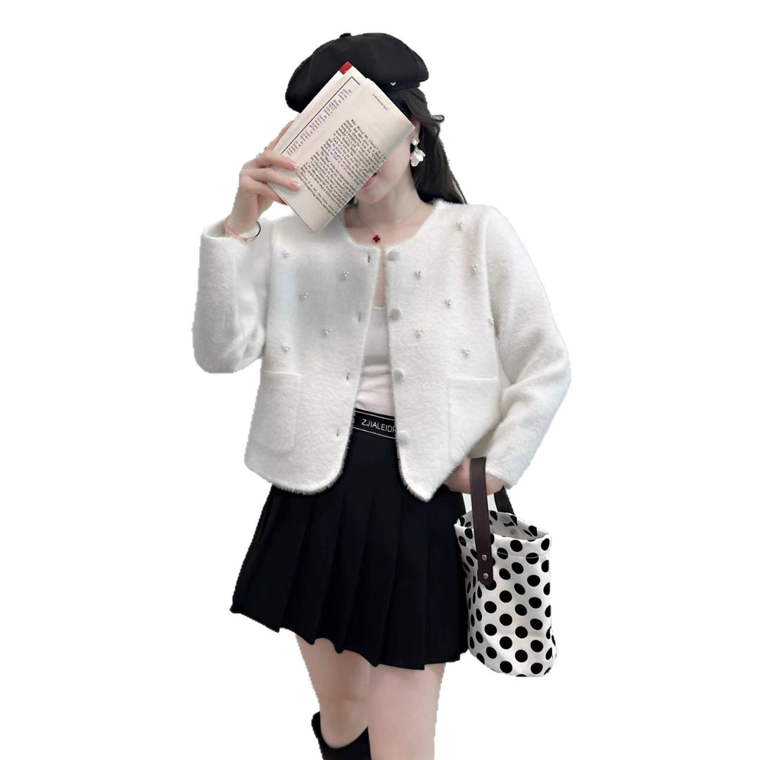 Damen Kuschelige Strickjacke mit Perlenverzierung und klassischen Rundhalsausschnitt Drune