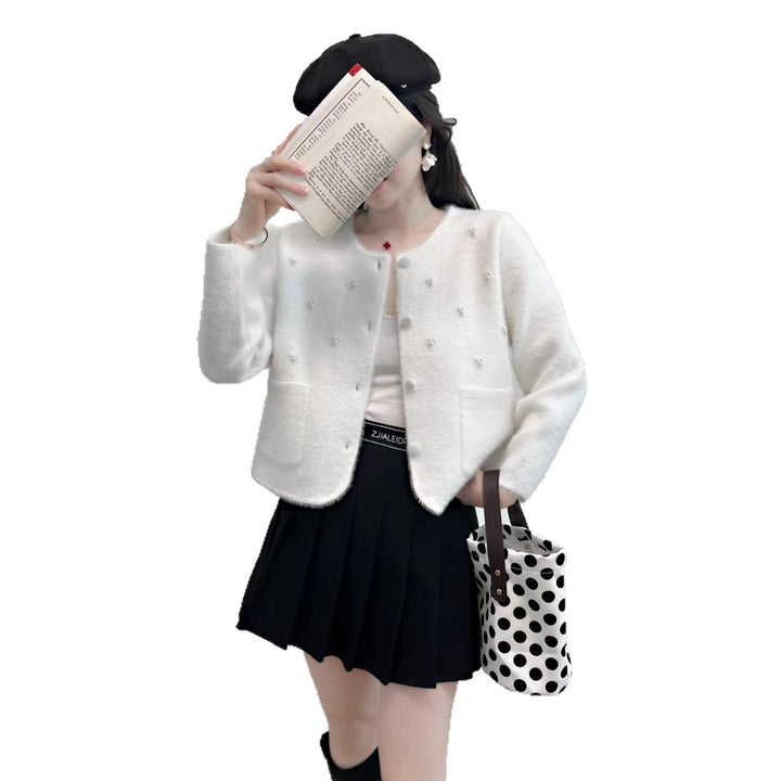 Damen Kuschelige Strickjacke mit Perlenverzierung und klassischen Rundhalsausschnitt Drune