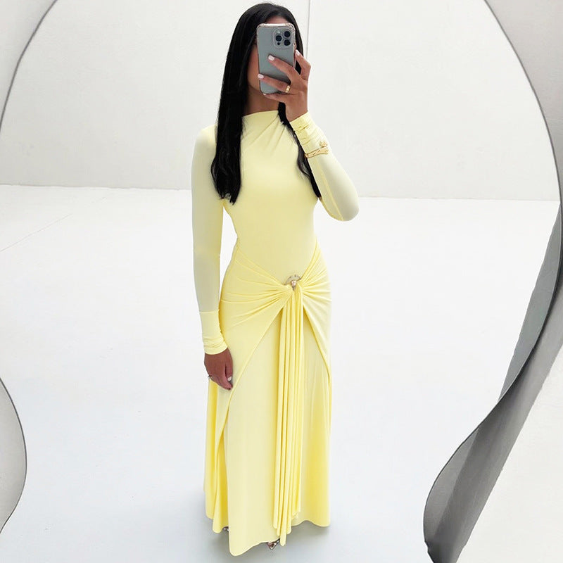 Damen Elegantes Maxikleid mit Drapierungsdetails und langem Arm Drune