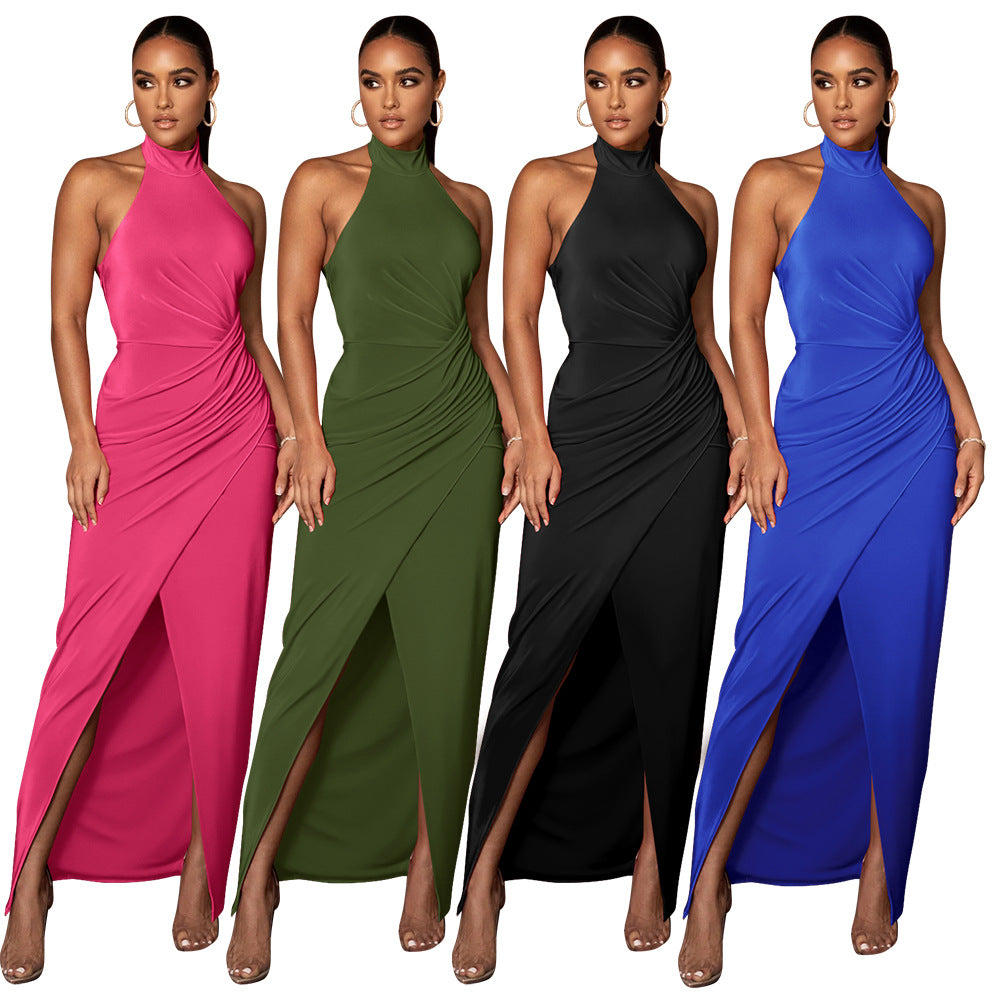 Damen Elegantes Langarmkleid mit hohem Schlitz und Raffungen Drune