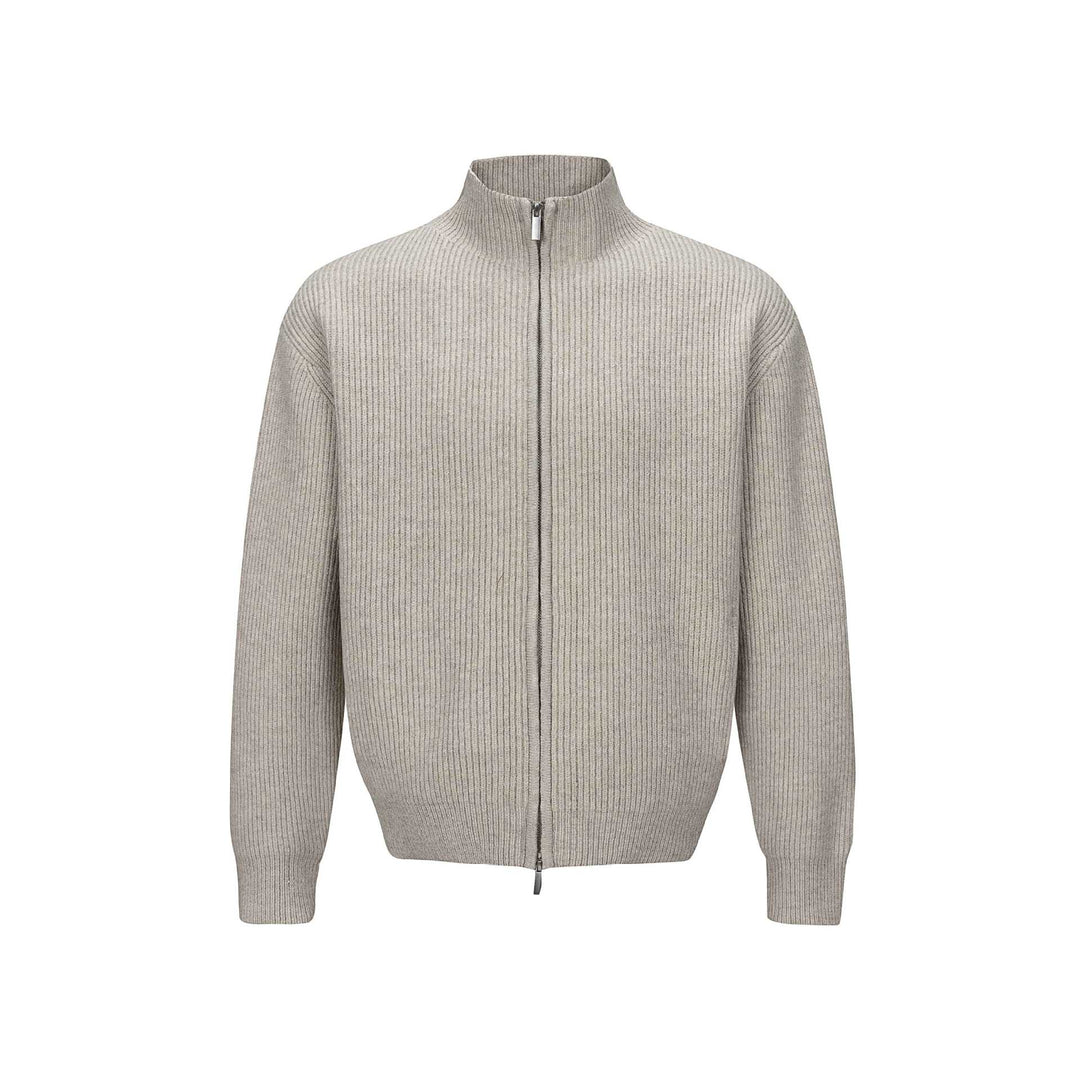 Unisex Kurzer gerippter Strickzipper mit hohem Stehkragen und schlankem Bund Drune