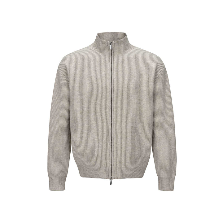 Unisex Kurzer gerippter Strickzipper mit hohem Stehkragen und schlankem Bund Drune