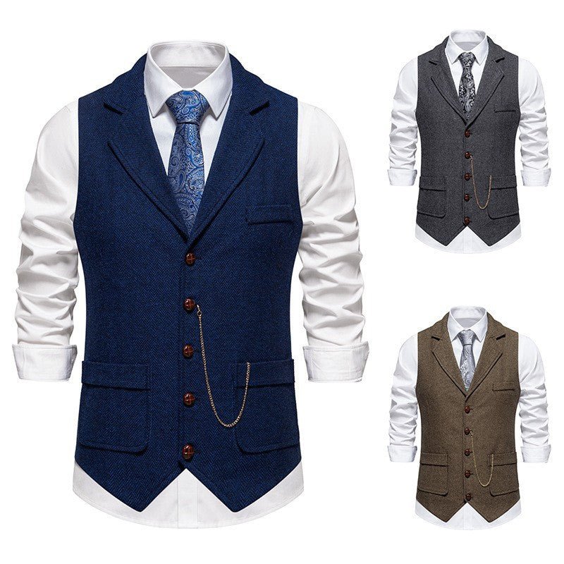Herren nan Vintage-Weste mit Reverskragen Uhrenkette und Brusttasche Drune