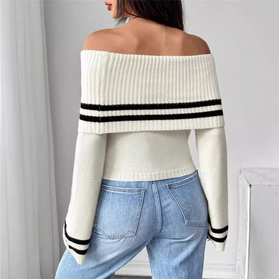 Damen Off-Shoulder Crop-Pullover mit lässigen Streifen Drune
