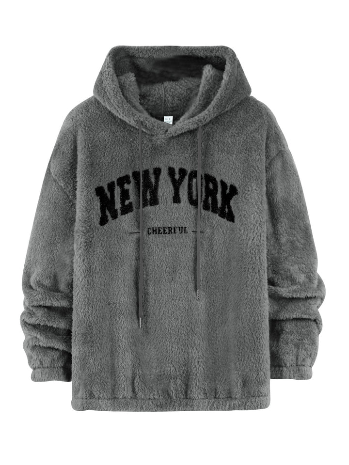 Unisex nan kuscheliger Plüsch-Hoodie mit Chenille-Logo, Kapuze und elastischem Saum Drune