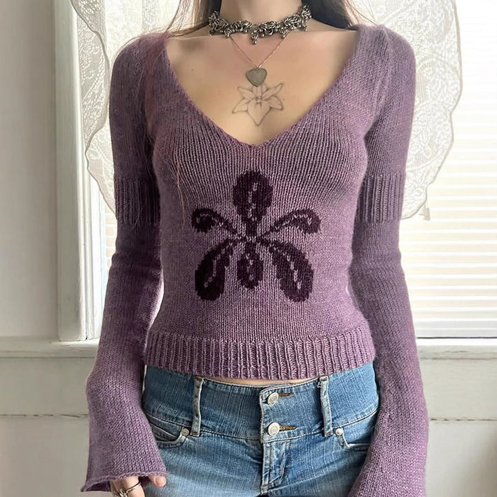 Damen nan kurzes Feinstrick V‑Pullover mit floralem Intarsienmotiv und ausgestellten Trompetenärmeln Drune
