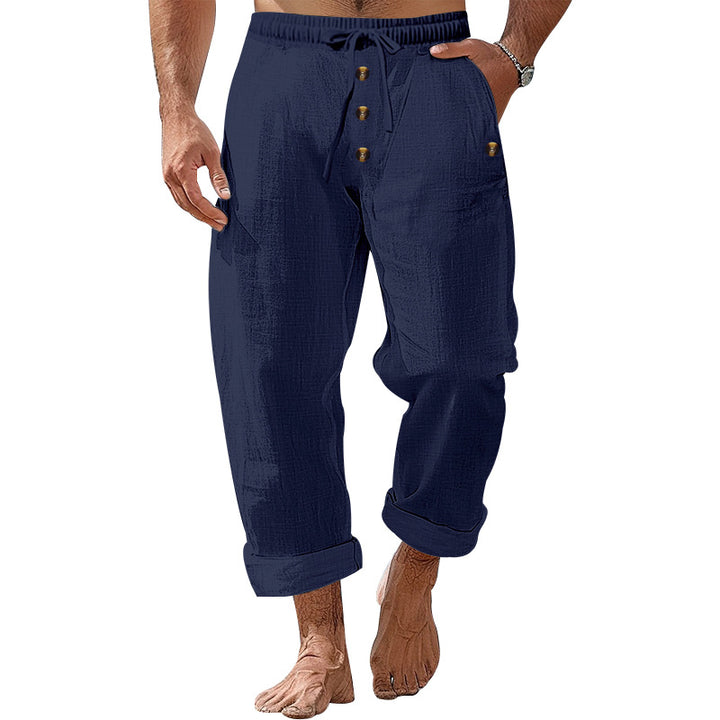 Herren nan lockere Leinen-Baumwoll-Hose mit elastischem Bund, Kordelzug und aufgekrempeltem Saum Drune