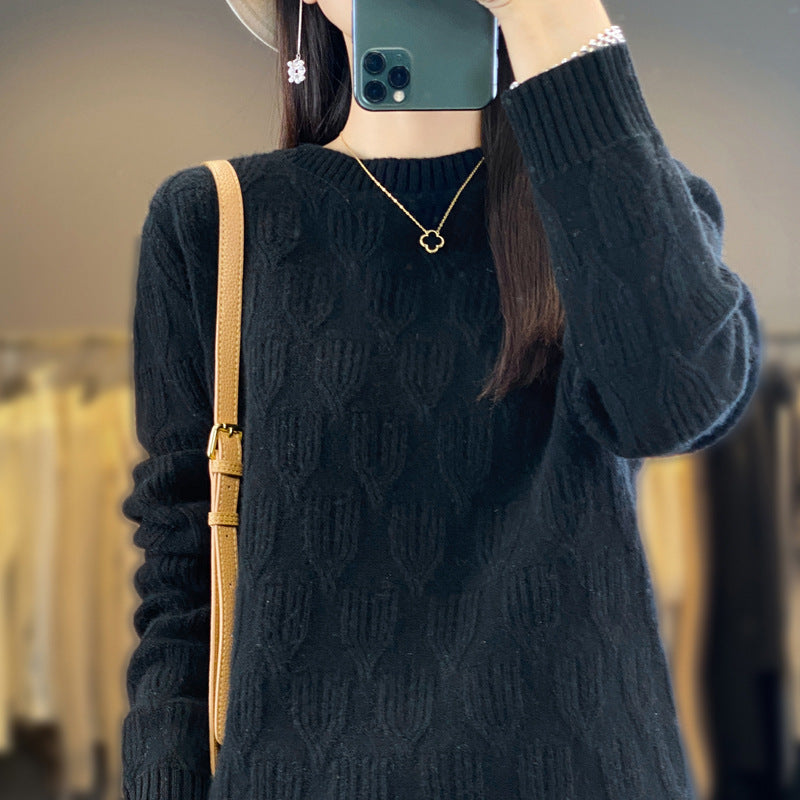 Damen Weicher Mohair‑Look Rundhalspullover mit erhabener Tulpenstruktur Drune