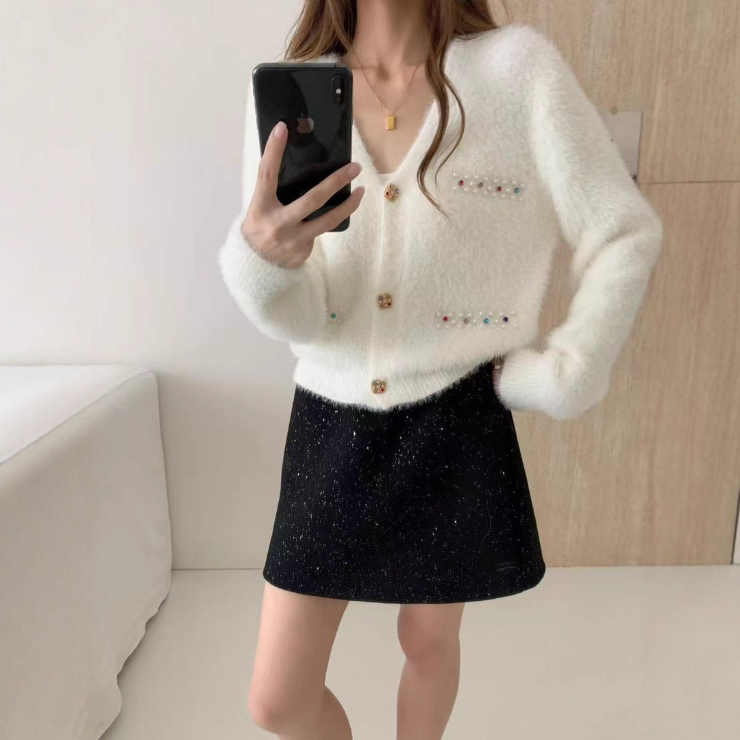 Damen Verspielter V-Ausschnitt Cardigan mit Perlen Drune