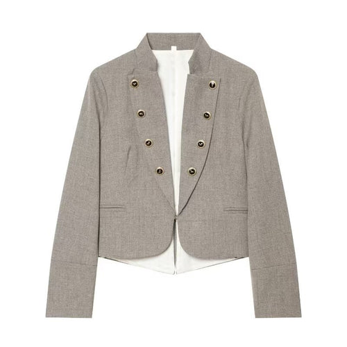 Damen Kurzblazer im Military‑Stil mit Stehkragen, doppelreihiger Zierknopfleiste und taillierter Silhouette Drune