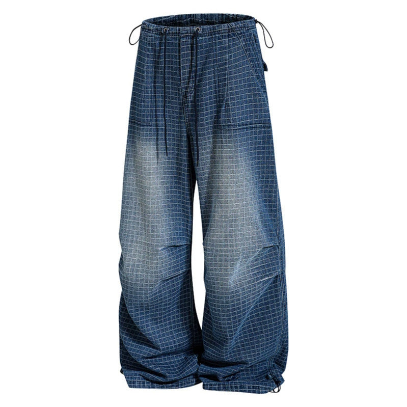 Damen Weite High‑Waist Culotte-Jeans mit Kordelzug, Karomuster und verstellbarem Saum Drune