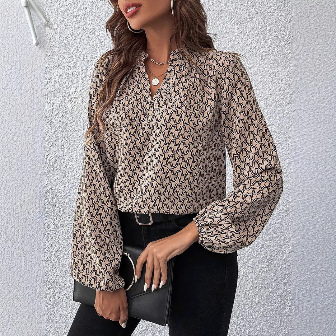 Damen Gemusterte Viskose-Bluse mit Stehkragen und Ballonärmeln Drune