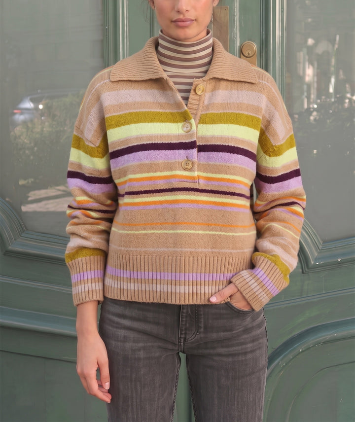 Damen Gestreifter Strickpullover mit Polokragen & Knopfleiste Drune