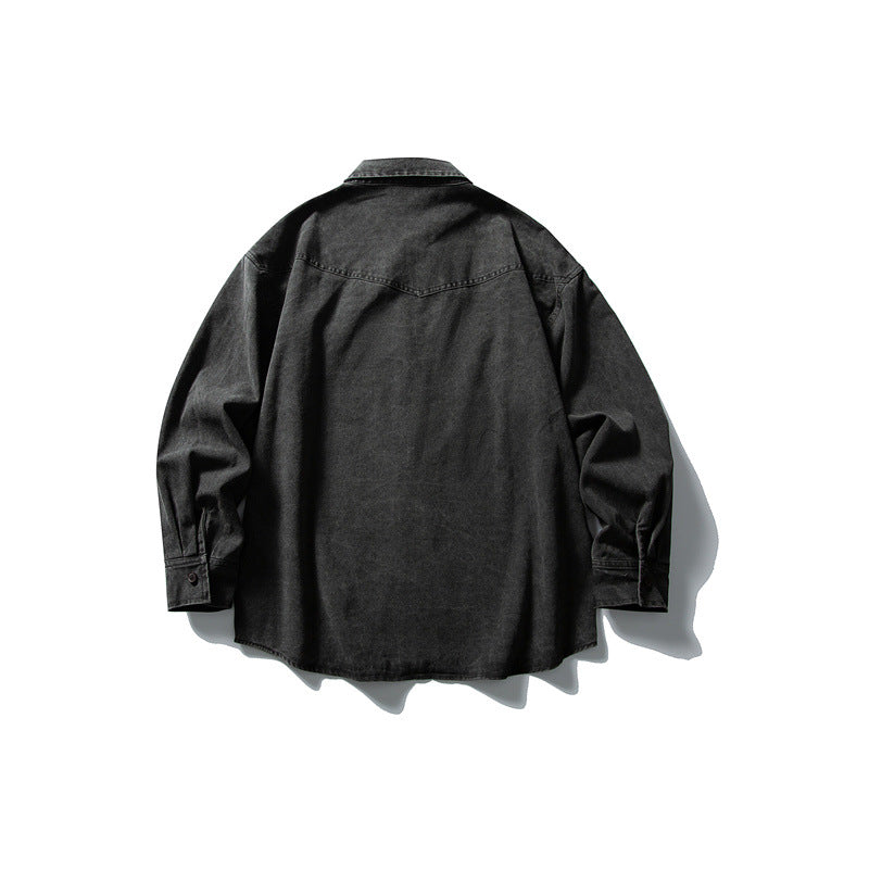 Unisex Oversize Baumwoll-Denim Hemdjacke mit aufgesetzten Brusttaschen und gerundetem Saum Drune