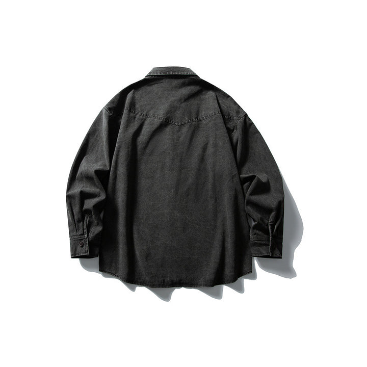 Unisex Oversize Baumwoll-Denim Hemdjacke mit aufgesetzten Brusttaschen und gerundetem Saum Drune