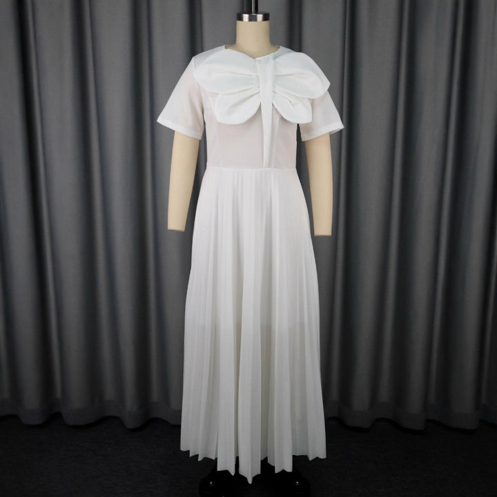 Damen plissiertes Maxikleid mit voluminösem Schleifenkragen Drune