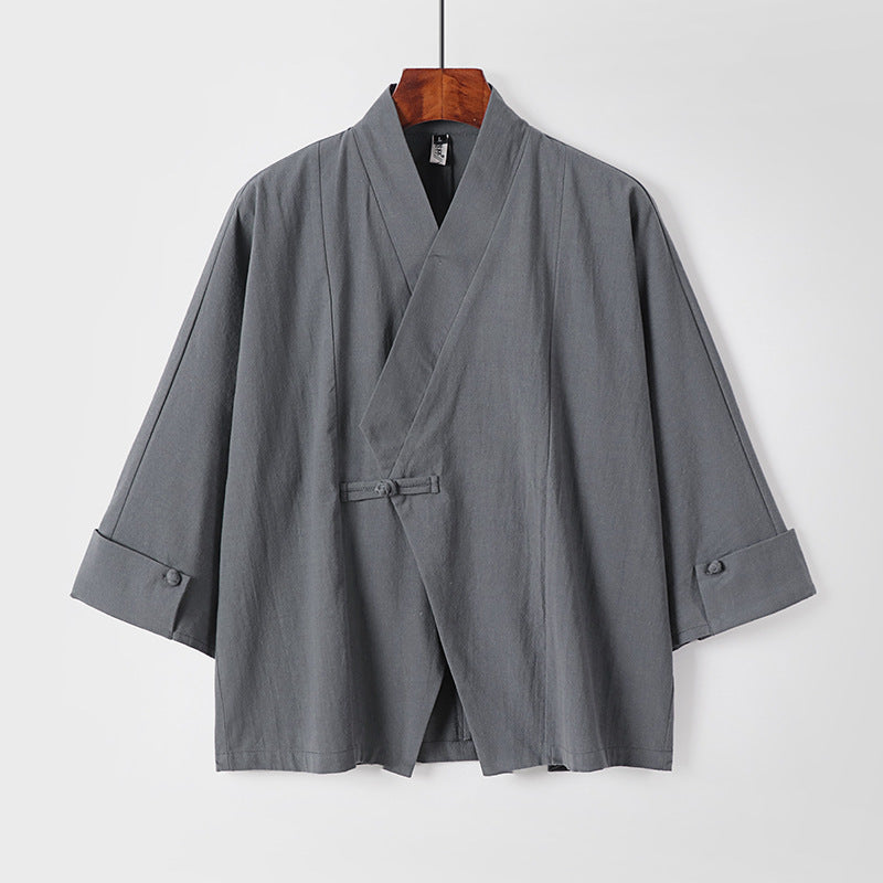 Herren Leinen-Kimono-Jacke mit traditionellem Knotenverschluss und mittel-langen Ärmeln Drune