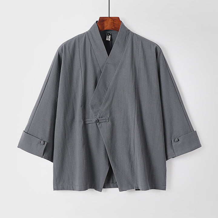 Herren Leinen-Kimono-Jacke mit traditionellem Knotenverschluss und mittel-langen Ärmeln Drune