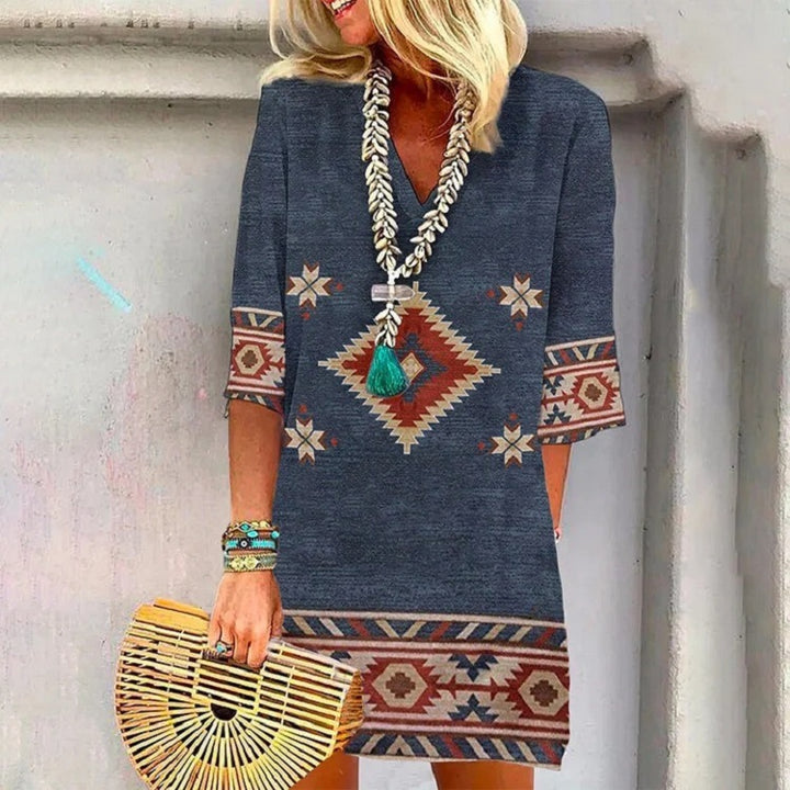 Damen Boho Tunika Kleid mit V-Ausschnitt, 3/4 Ärmeln und geometrischem ethnischem Druck Drune