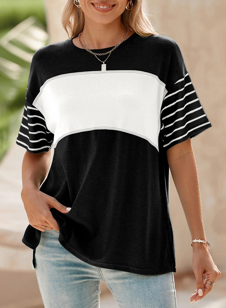 Damen Oversize-Shirt mit Kontrastpaneel, gestreiften Ärmeln und Seitenschlitzen Drune