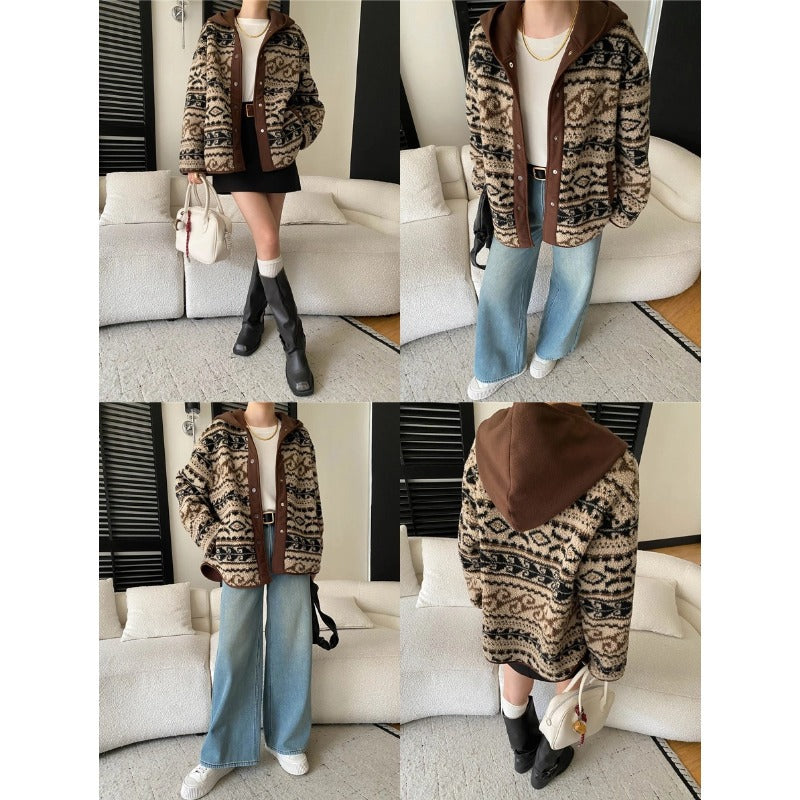 Damen kuscheliger Cardigan mit Kapuze und ausgefallenem Muster Drune