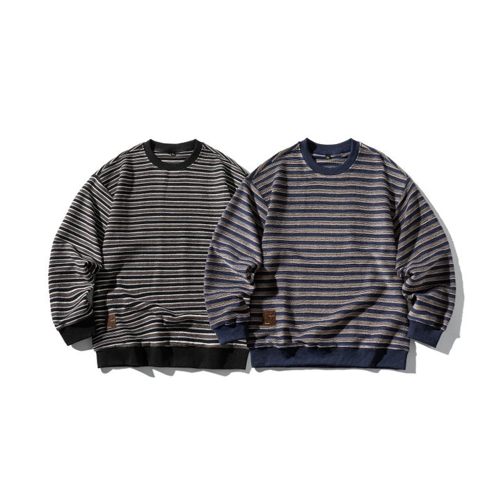 Unisex Gestreiftes Oversize Strick-Sweatshirt mit gerippten Bündchen und Rundhals Drune