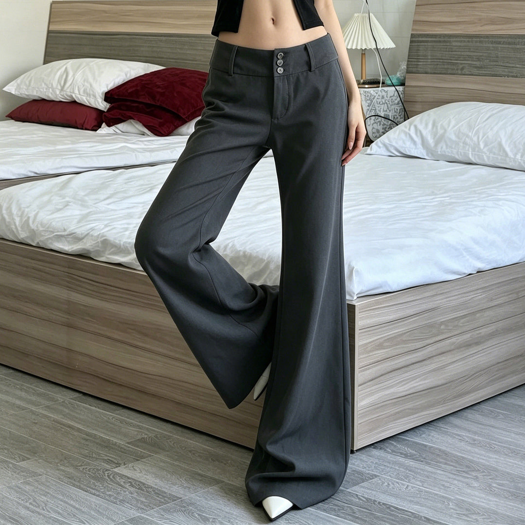 Damen nan hochtaillierte Schlaghose mit weitem Glockenbein und dekorativer Knopfleiste Drune