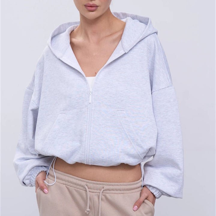 Damen legeres Cropped-Fleece-Hoodie mit Tunnelzugbund, Raglanärmeln und Reißverschluss Drune
