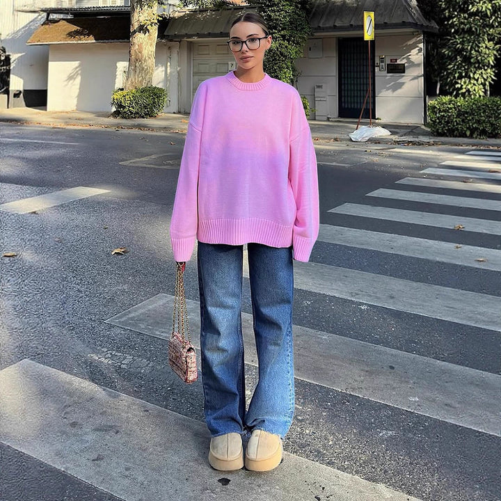 Damen Oversize-Feinstrickpullover mit Rundhalsausschnitt & verlängerten Manschetten Drune