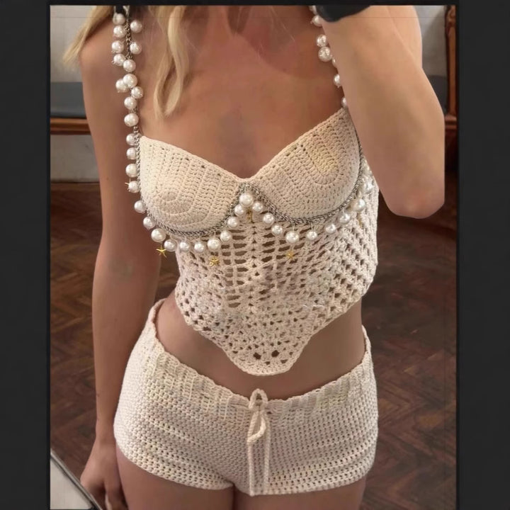 Damen Kuscheliges Häkeloberteil mit perlenbesetztem Träger und Shorts Drune