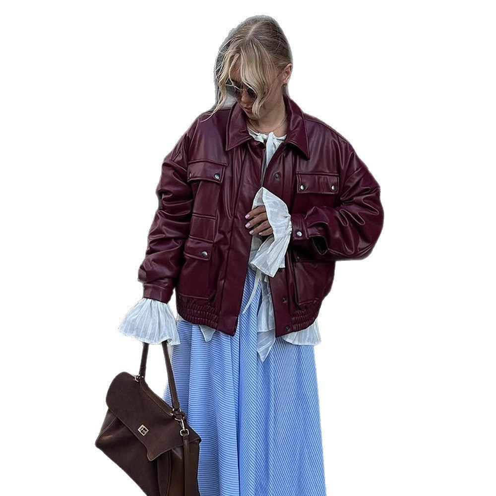 Damen Oversize Kunstlederjacke mit aufgesetzten Druckknopf-Taschen und elastischem Saum Drune