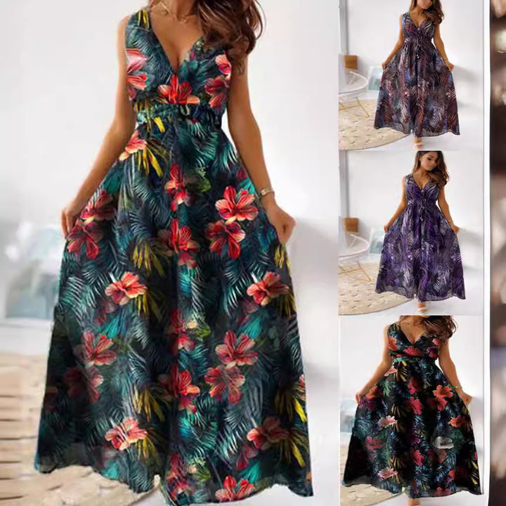 Damen Maxi-Kleid mit floralem Muster und elastischem Taillenband Drune