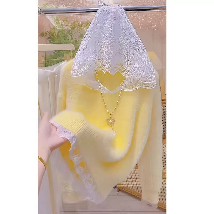 Damen elegante Strickjacke mit Spitzenkante und dekorativem großen Reißverschluss Drune