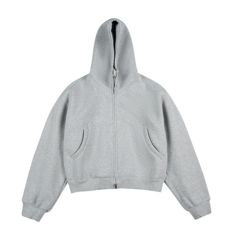 [Unisex] Kurze Boxy-Kapuzenjacke mit durchgehendem Reißverschluss und eingesetzten Eingrifftaschen Drune