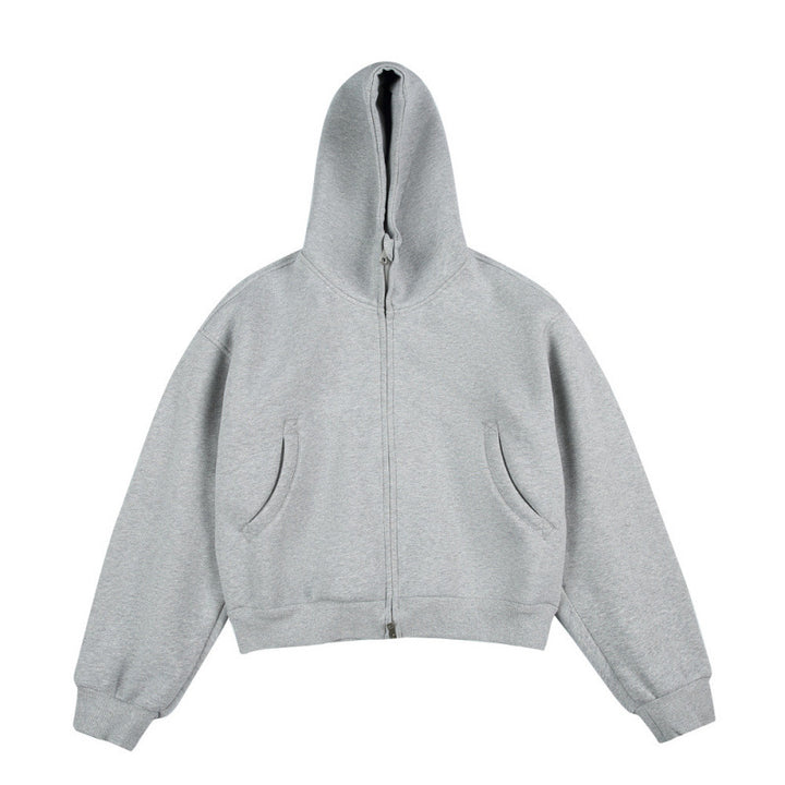 [Unisex] Kurze Boxy-Kapuzenjacke mit durchgehendem Reißverschluss und eingesetzten Eingrifftaschen Drune