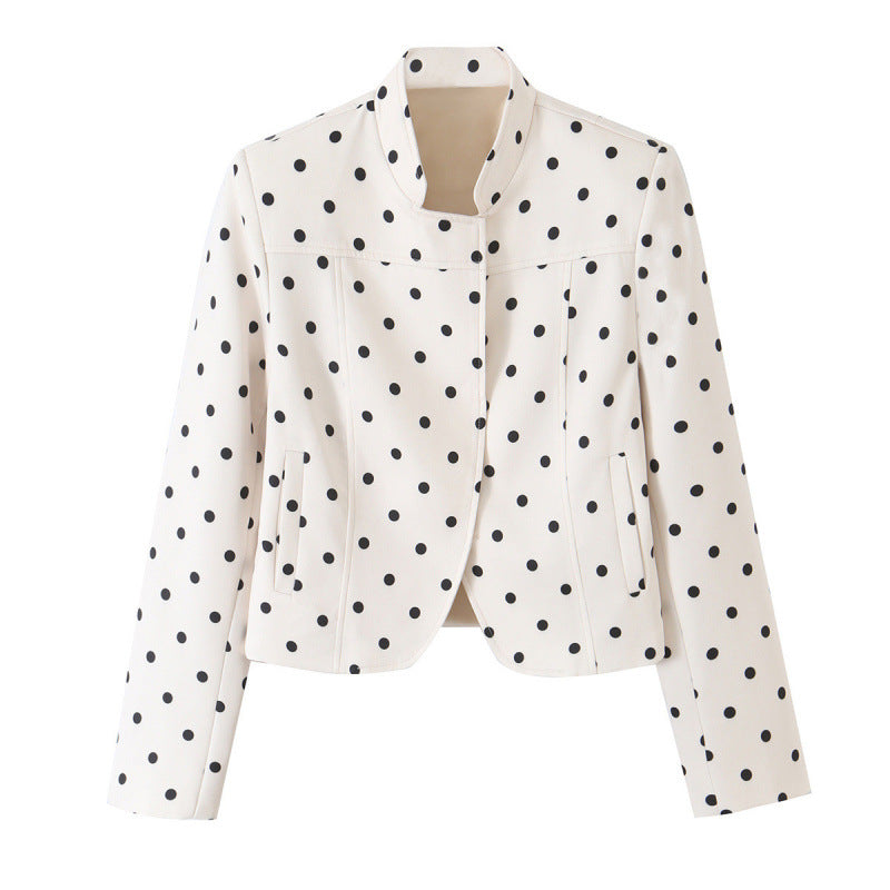 Damen Gepunktete Cropped-Blazerjacke mit Stehkragen und taillierter Passform Drune