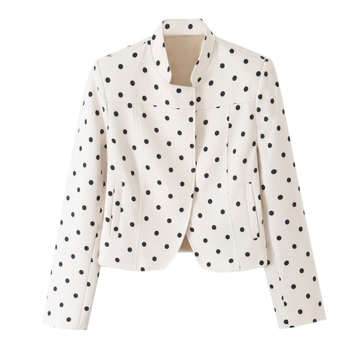 Damen Gepunktete Cropped-Blazerjacke mit Stehkragen und taillierter Passform Drune