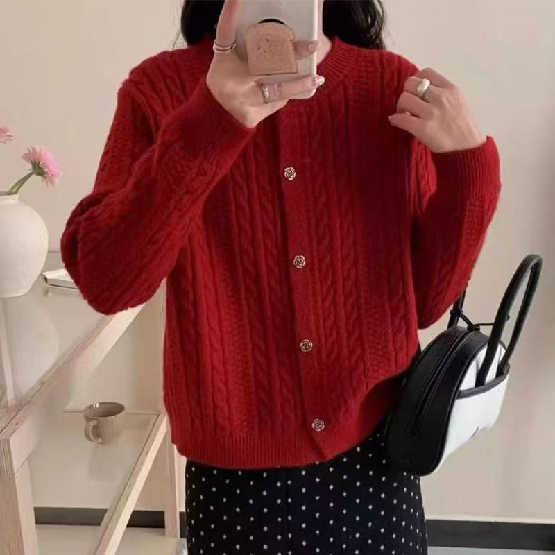Damen elegante Strickjacke mit Zopfmuster und dekorativen Knöpfen Drune