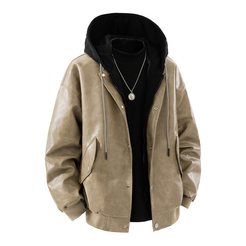 Herren oversized Kunstleder-Bomberjacke mit kontrastkapuze, Druckknopfblende und aufgesetzten Taschen Drune