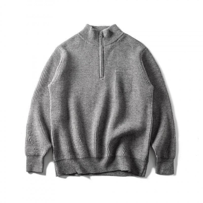 Unisex Grobgestrickter Halbzip‑Pullover mit Troyerkragen und Brusttasche Drune