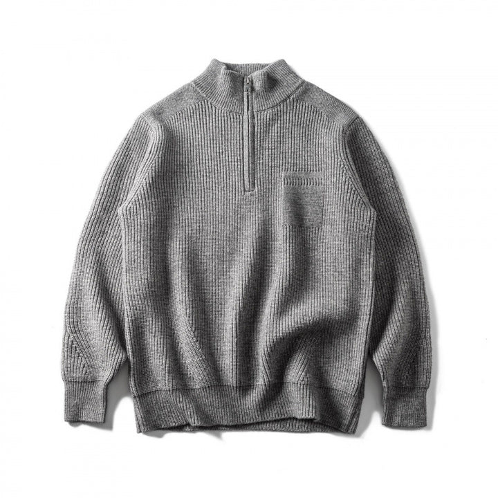 Unisex Grobgestrickter Halbzip‑Pullover mit Troyerkragen und Brusttasche Drune