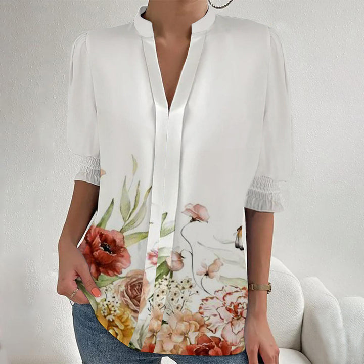 Damen Blumenprint Tunika-Bluse mit Stehkragen, geschlitzter V‑Blende und gerafften 3/4-Ärmeln Drune