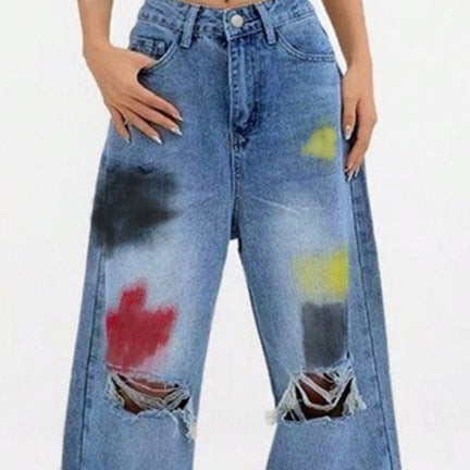 Damen weite Denim-Jeans mit Paint‑Splatter und Distressed-Knie Drune