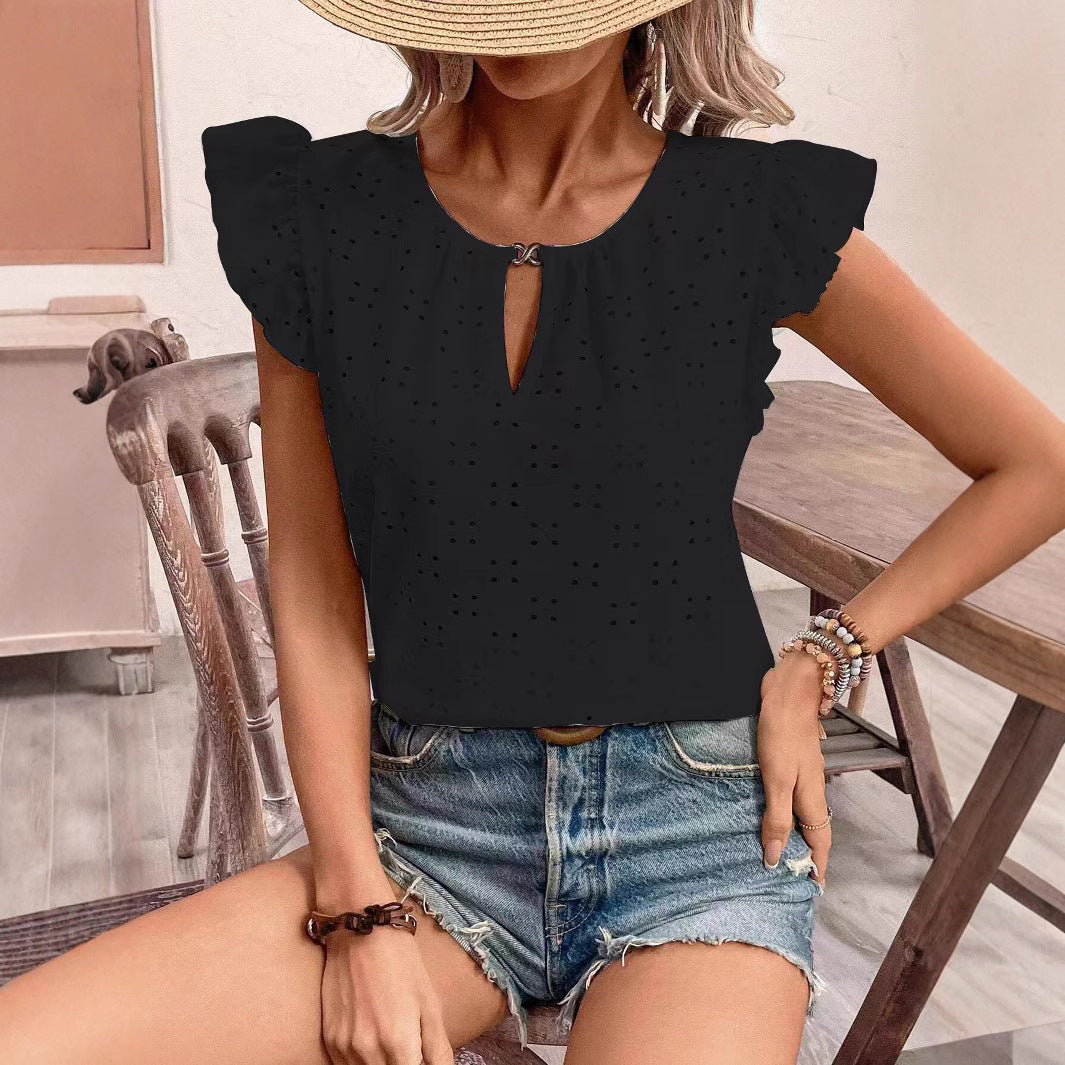 Damen Bluse mit Rüschendetails und Lochstickerei Drune
