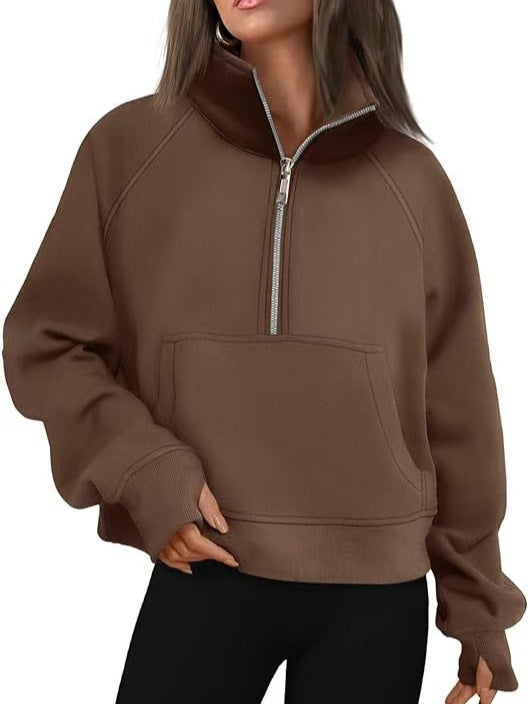Damen nan oversized Halbzip Pullover mit Kängurutasche, Daumenlöchern und hohem Kragen Drune