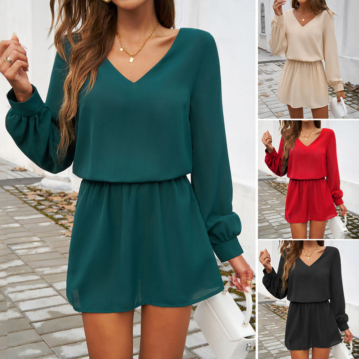 Damen lässiger Jumpsuit mit voluminösen Ärmeln und V-Ausschnitt Drune