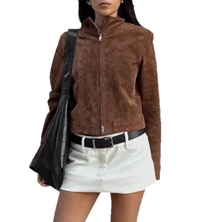 Damen Kurze Veloursjacke mit Stehkragen und seitlichem Reißverschluss Drune