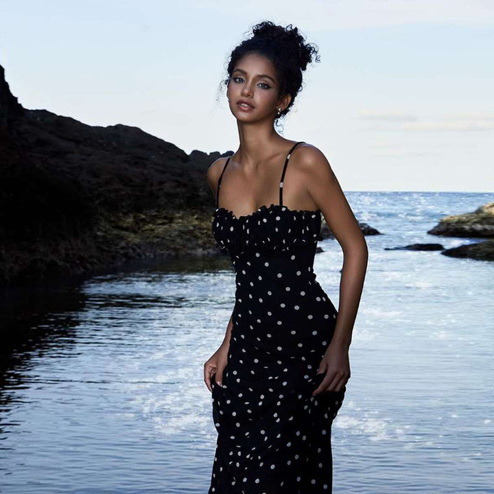 Damen Figurformendes Maxikleid mit elastischen Trägern und raffiniertem Punkte-Design Drune