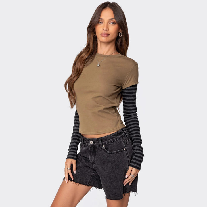 Damen modisches Langarmshirt mit einzigartigen Streifen und kurzem Schnitt Drune